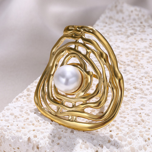 European and American Cross-Border INS Exaggerated Metal Style Wrinkled Imitation Pearl Ring Personality Sweet Cool Line Ring Open Ring