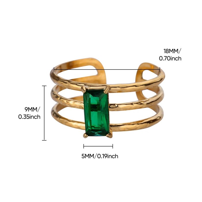 European and American Cross-Border Retro Personality Fashion Metal Imitation Emerald Inlaid Zircon Heart Geometric Ring for Women