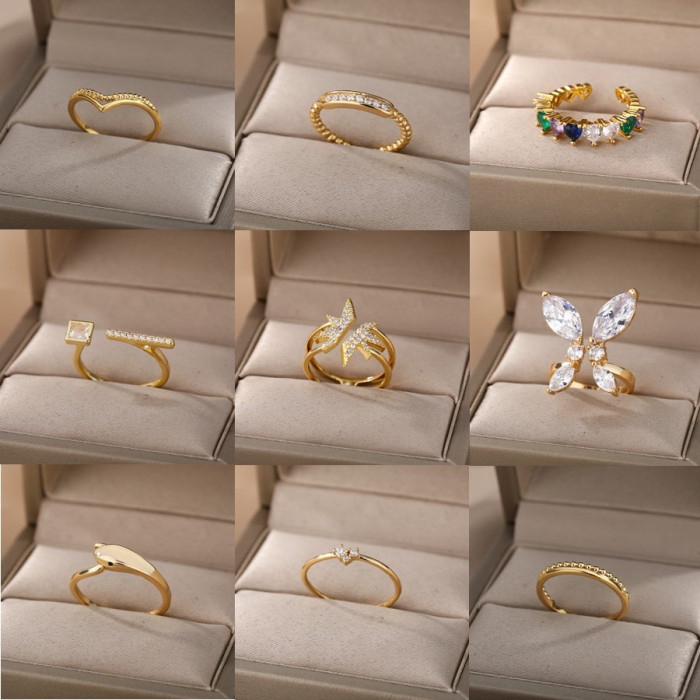 INS Simple New Style Ring Heart-Shaped Zircon Butterfly Ring Geometric Women's Adjustable Open Ring Cross-Border Hand