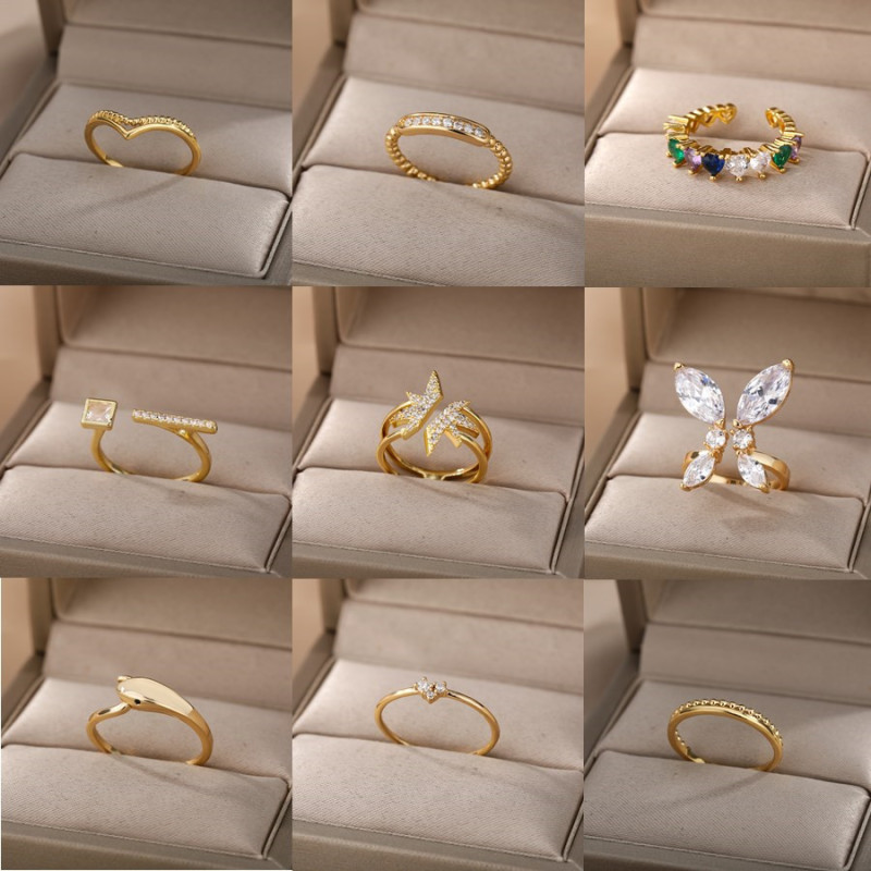 INS Simple New Style Ring Heart-Shaped Zircon Butterfly Ring Geometric Women's Adjustable Open Ring Cross-Border Hand