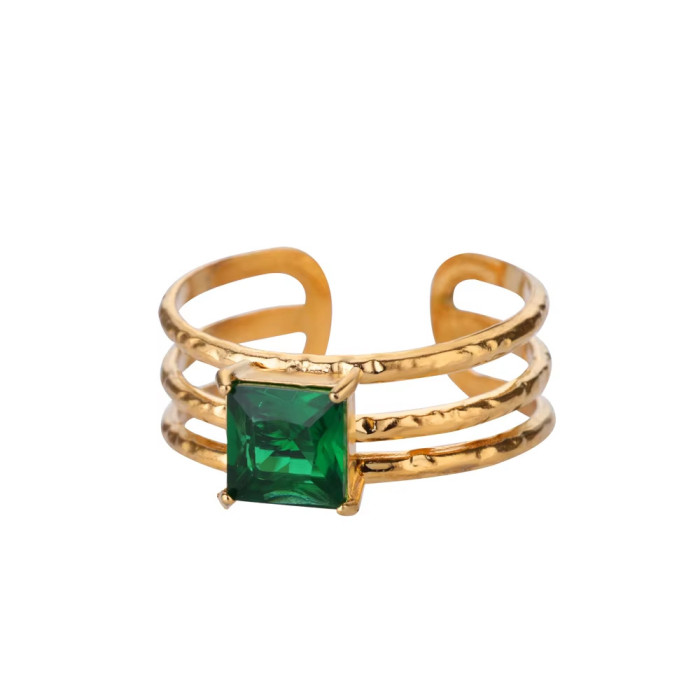 European and American Cross-Border Retro Personality Fashion Metal Imitation Emerald Inlaid Zircon Heart Geometric Ring for Women
