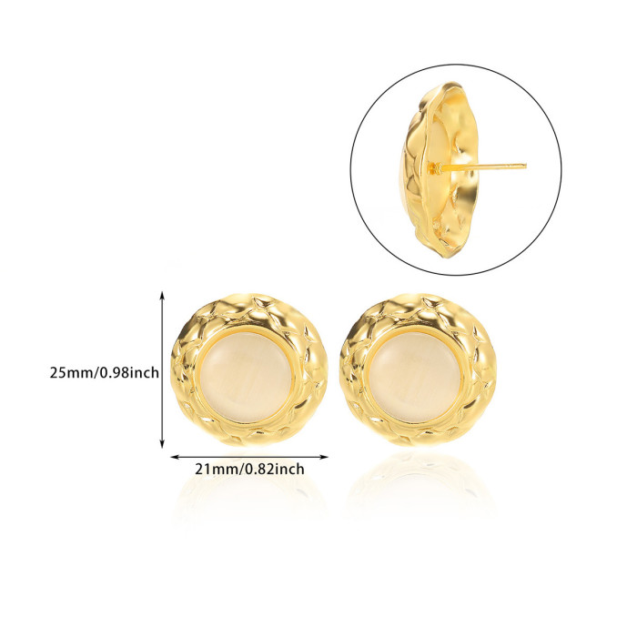 Cross-Border European and American Retro Multicolor Cat Eye Small Round Pancake Diamond Pattern Earrings Colorful Gold-Edged Button Style Stainless Steel Earrings