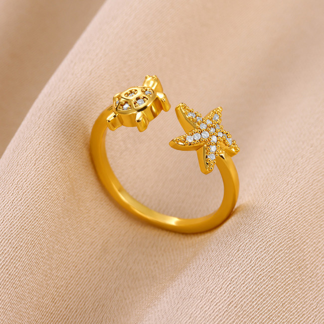 Korean Version Cute Turtle Starfish Open Ring for Women Elegant Fresh Zircon Ring Unique New Jewelry