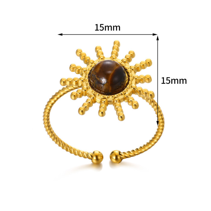 INS French Style New Stainless Steel Ring Sun Shape Inlaid Turquoise/Turquoise Open Ring Women's Jewelry