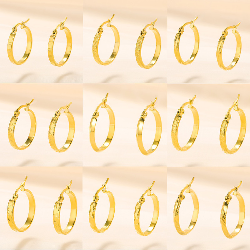 European and American French Style Versatile Elegant Stainless Steel Earrings Fashion Simple Diagonal Stripe Round Hoop Earrings Ins Style Ear Hoops Wholesale