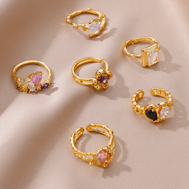 Ins Style New Ring Fashion Personality Heart-shaped Ring Light Luxury Jewelry Square Colorful Zircon Open Ring