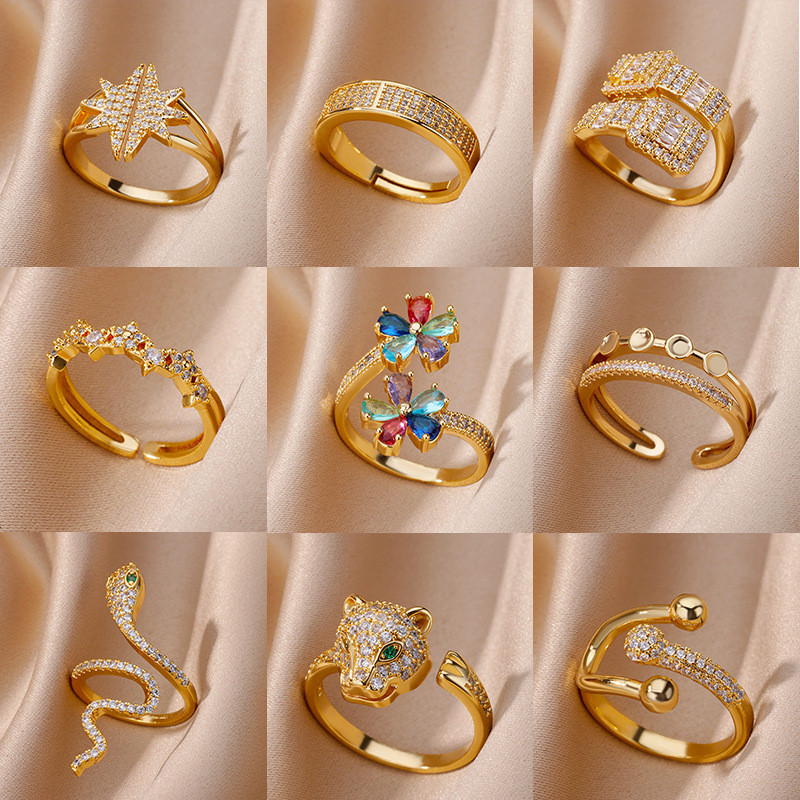 Amazon New Copper Gold-Plated Zircon Ring Snake-Shaped Ring Hip-Hop Style Women's Jewelry Open Ring Dropshipping