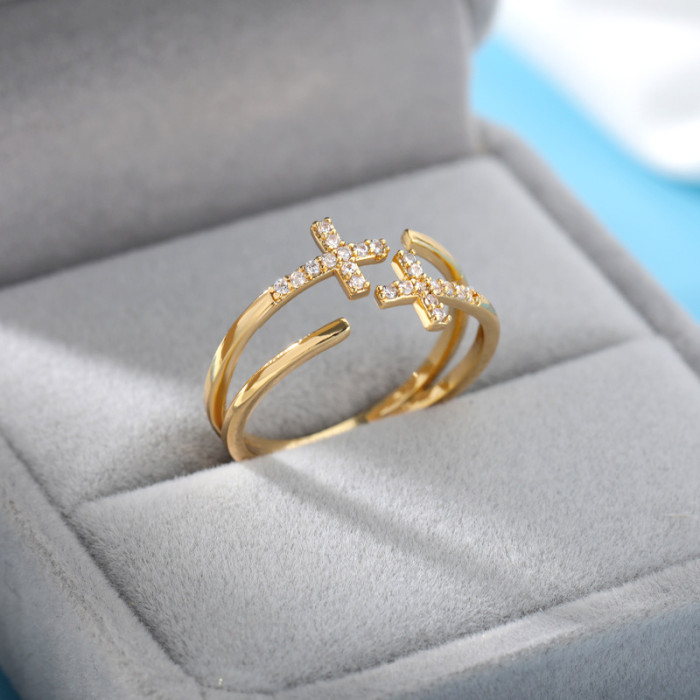 Cross-Border Creative Double Layer Crossed Rings for Women Micro Pave Zirconia Light Luxury Japanese and Korean Style Open Adjustable In Stock