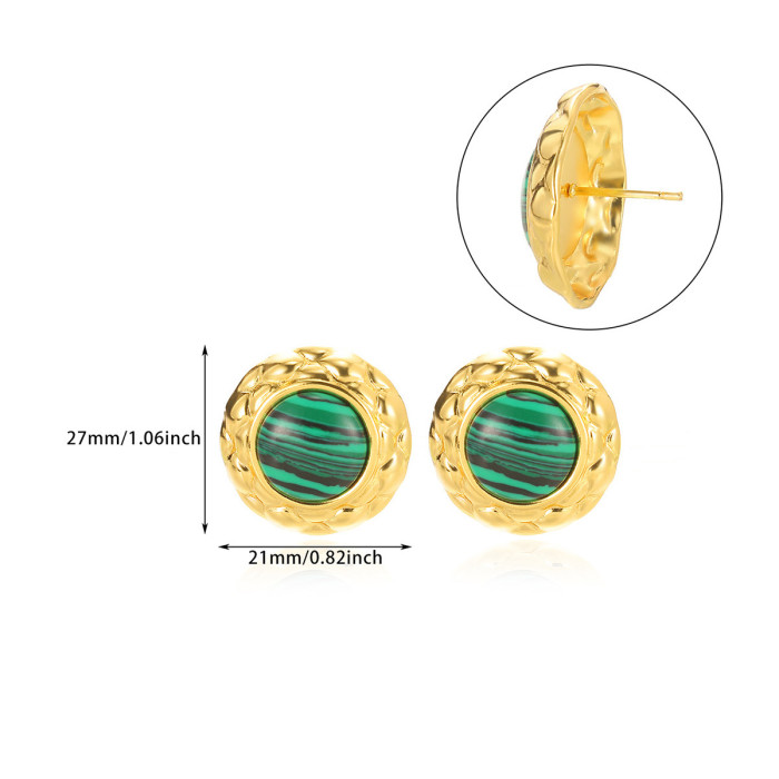 Cross-Border European and American Retro Multicolor Cat Eye Small Round Pancake Diamond Pattern Earrings Colorful Gold-Edged Button Style Stainless Steel Earrings