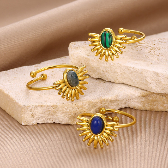 INS French Style New Stainless Steel Ring Sun Shape Inlaid Turquoise/Turquoise Open Ring Women's Jewelry