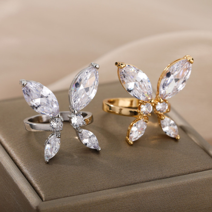 INS Simple New Style Ring Heart-Shaped Zircon Butterfly Ring Geometric Women's Adjustable Open Ring Cross-Border Hand
