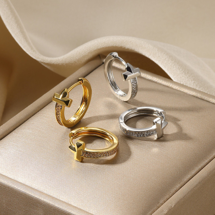 New Style Zircon Hoop Earrings for Women, Cross Gold Plated Versatile Simple Elegant Hoop Earrings Wholesale