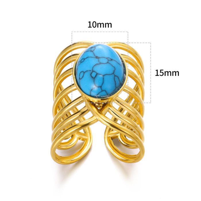 INS French Style New Stainless Steel Ring Sun Shape Inlaid Turquoise/Turquoise Open Ring Women's Jewelry