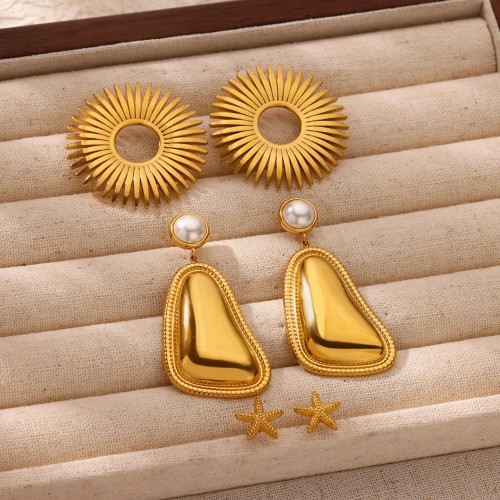 INS Trendy Style 18k Gold Stainless Steel Triangle Bread Pattern Edge Hoop Earrings Non-Fading Jewelry Wholesale
