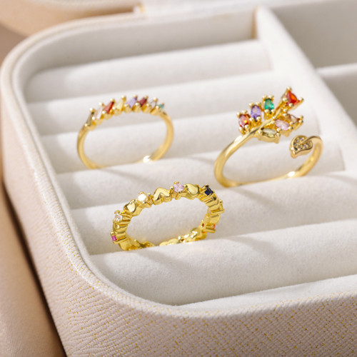 INS Simple Luxury Colorful Zircon Ring for Women Heart-shaped Geometric Series 18k Gold-plated Adjustable Open Ring