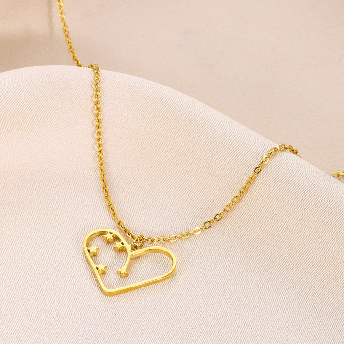 Cross-Border Minimalist Stainless Steel Geometric Hollow Pattern Niche Design Titanium Steel Round Heart Pendant Women's Necklace Wholesale