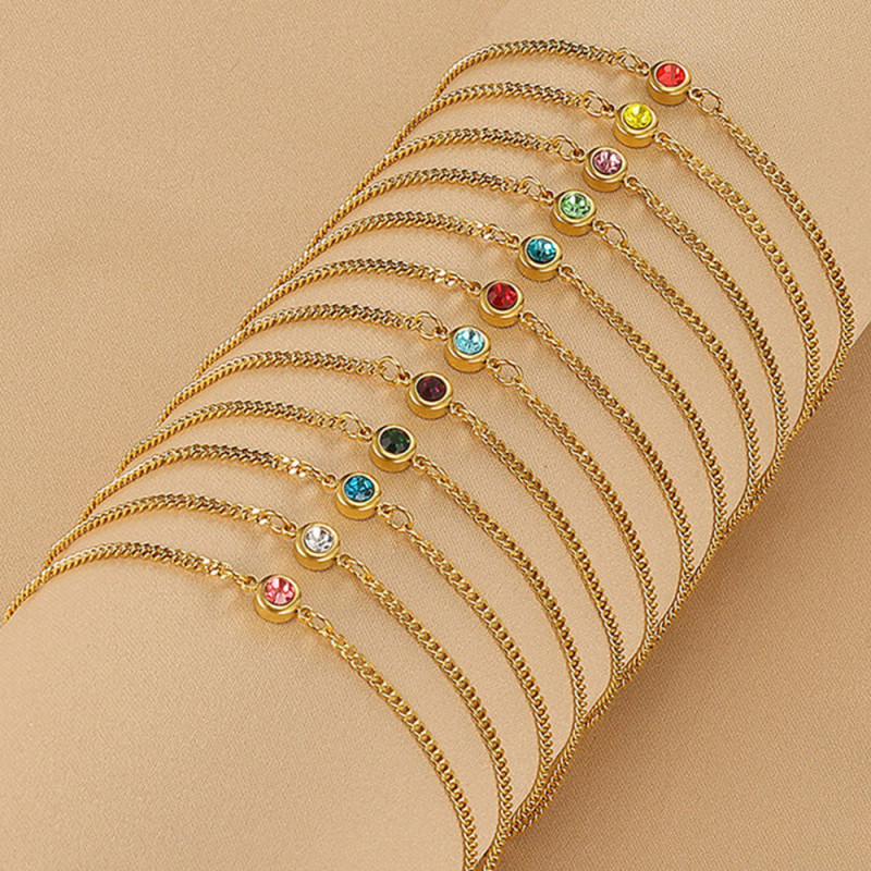 Cross-Border Simple December Birthstone Anklet for Women Stainless Steel Gold-Plated Anklet Colorful Birthstone Anklet