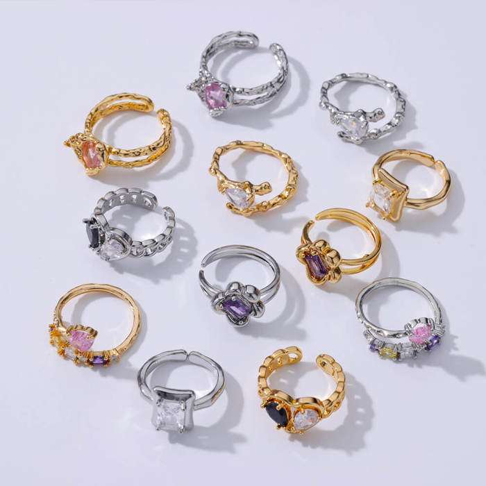 Ins Style New Ring Fashion Personality Heart-shaped Ring Light Luxury Jewelry Square Colorful Zircon Open Ring
