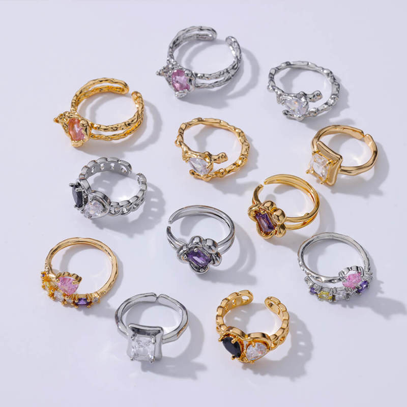 Ins Style New Ring Fashion Personality Heart-shaped Ring Light Luxury Jewelry Square Colorful Zircon Open Ring