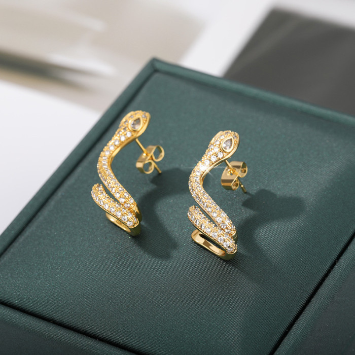 New Style Snake-Shaped Earrings Cartilage Clip Personality Animal Stud Earrings with Rhinestones Exaggerated Snake-Shaped Stud Earrings Wholesale