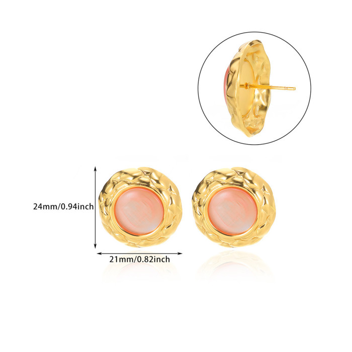 Cross-Border European and American Retro Multicolor Cat Eye Small Round Pancake Diamond Pattern Earrings Colorful Gold-Edged Button Style Stainless Steel Earrings