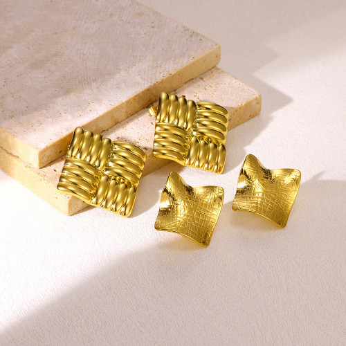 European and American New Fashion Personality Cross Earrings Creative Stainless Steel Gold-Plated Geometric Square Striped Jewelry for Women