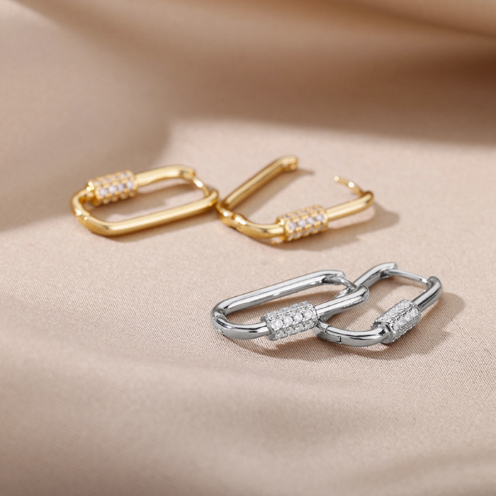 Lock Buckle Women's Earrings Oval Geometric Zirconia Inlaid Hoop Earrings 18K Gold Plated Heart-Shaped Stud Earrings...