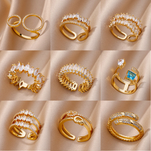 European and American New Style Copper Zircon Light Luxury Ring Geometric Multi-layer Women's Ring Design Sense Niche Personality Ring One Piece Wholesale