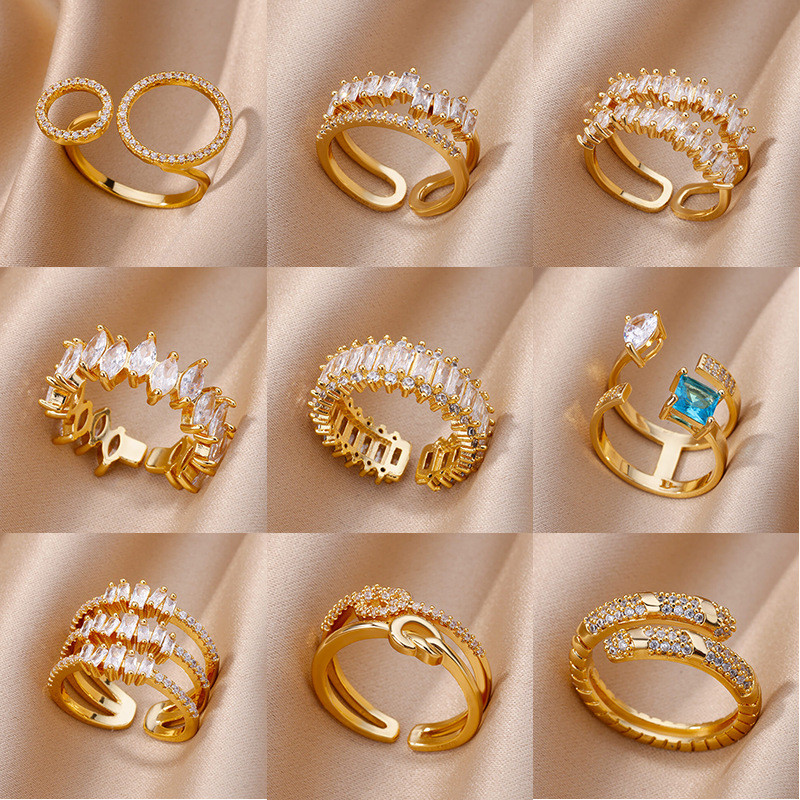 European and American New Style Copper Zircon Light Luxury Ring Geometric Multi-layer Women's Ring Design Sense Niche Personality Ring One Piece Wholesale