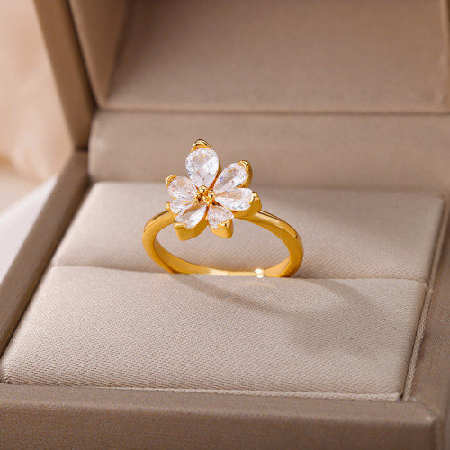 Korean Version Creative Micro Inlaid Zircon Flower Ring Internet Celebrity Girl Petal Ring 18k Gold Plated Ring Source Factory