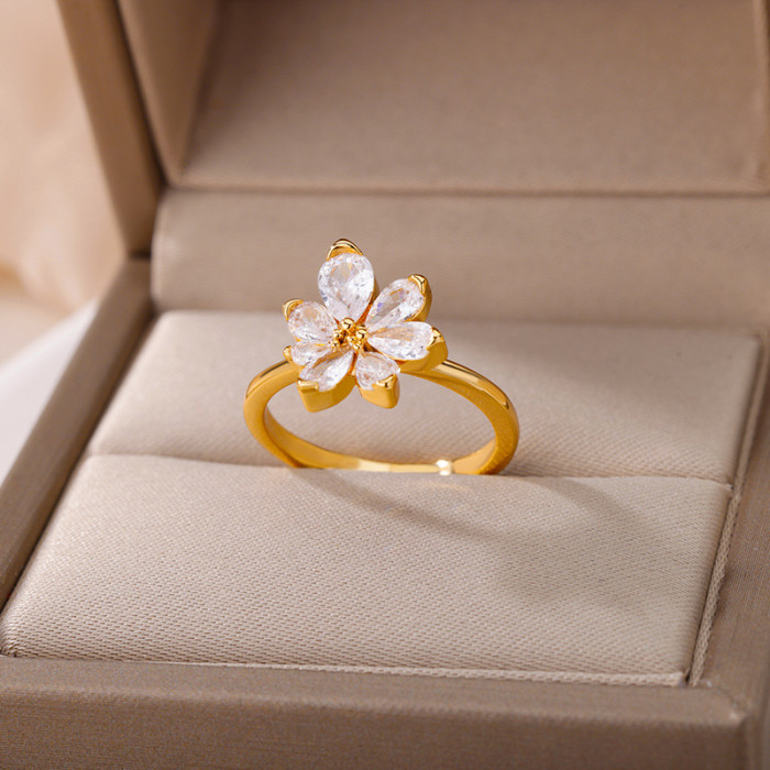 Korean Version Creative Micro Inlaid Zircon Flower Ring Internet Celebrity Girl Petal Ring 18k Gold Plated Ring Source Factory