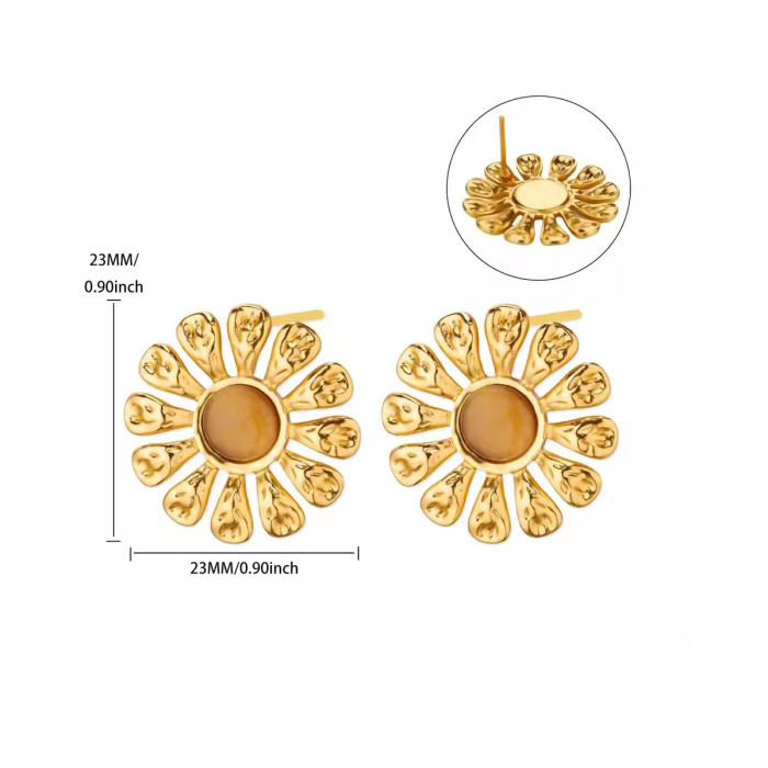 Hot Selling Vintage Gold Stainless Steel Pearl Cat's Eye Gemstone Earrings Personalized Wrinkled Flower Ear Jewelry