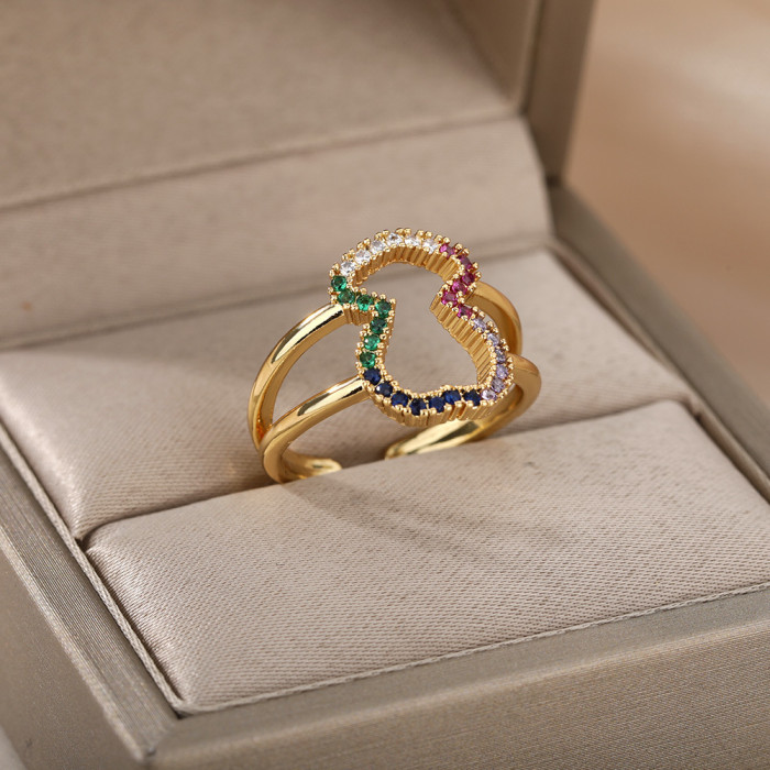 Cross-Border New Geometric Heart-Shaped Zircon Open Ring for Women, Niche Design Index Finger Ring, Internet Celebrity Light Luxury Fashion Jewelry