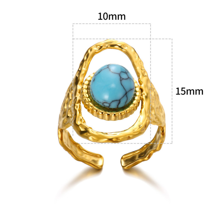 INS French Style New Stainless Steel Ring Sun Shape Inlaid Turquoise/Turquoise Open Ring Women's Jewelry