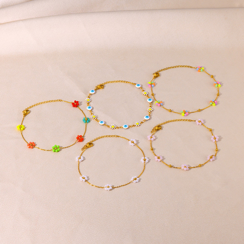 European and American New Cute Versatile Flower Anklet 18K Gold Stainless Steel Simple Design Evil Eye Women's Anklet