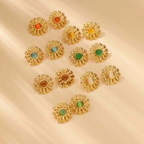 Cross-Border Hot Selling Vintage Gold Stainless Steel Pearl Cat's Eye Gemstone Earrings Personalized Wrinkled Flower Ear Jewelry