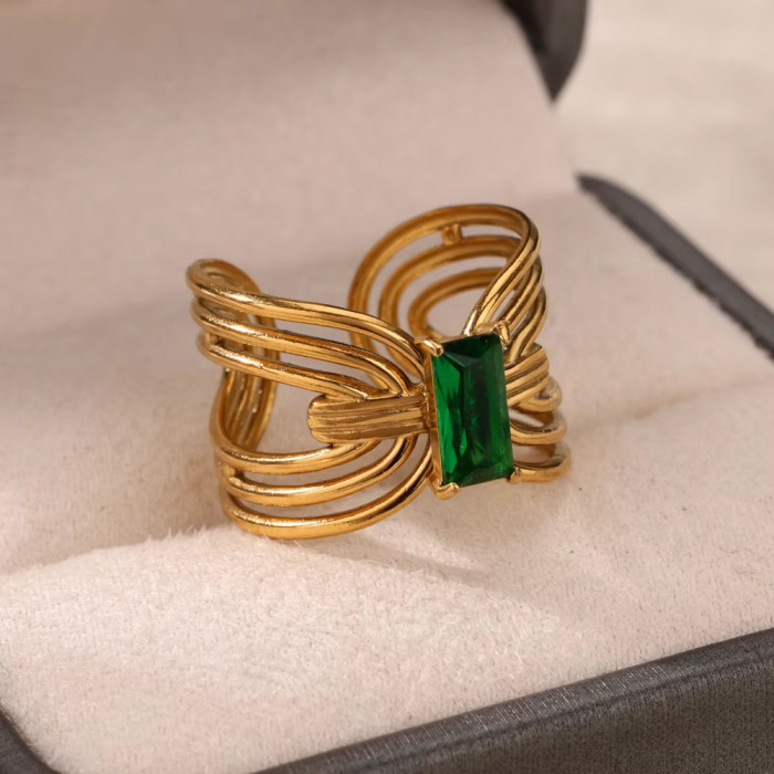 European and American Cross-Border Retro Personality Fashion Metal Imitation Emerald Inlaid Zircon Heart Geometric Ring for Women