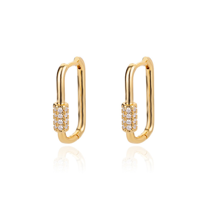Lock Buckle Women's Earrings Oval Geometric Zirconia Inlaid Hoop Earrings 18K Gold Plated Heart-Shaped Stud Earrings...