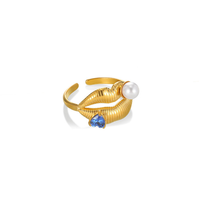 Cross-Border New Stainless Steel Pearl Zircon Ring for Women Hollow Geometric Open Ring Petal Valentine's Day Gift
