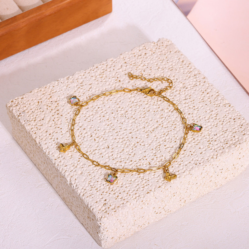 European and American New Style Simple Stainless Steel Anklet for Women with Butterfly Pendant Design Heart-shaped Pendant Anklet