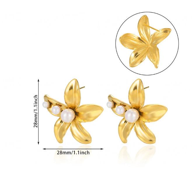 European and American Cross-Border Jewelry Stainless Steel Flower Pearl Ring Exaggerated High-End Feel Ins Geometric Stud Earrings Titanium Steel