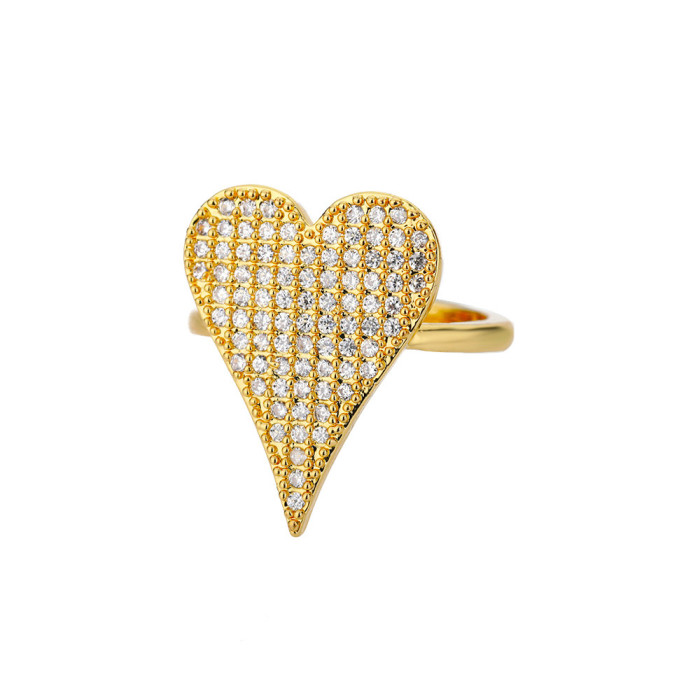 Cross-Border New Geometric Heart-Shaped Zircon Open Ring for Women, Niche Design Index Finger Ring, Internet Celebrity Light Luxury Fashion Jewelry