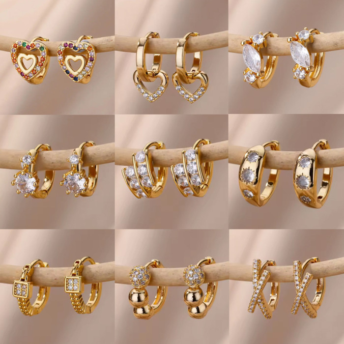 Cross-Border European and American Heart-Shaped Hollow Earrings Copper Inlaid with Colorful Zircon Gold-Edged Button Style Women's Earrings Manufacturer Wholesale