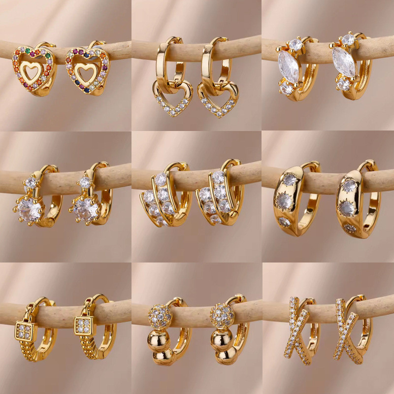 Cross-Border European and American Heart-Shaped Hollow Earrings Copper Inlaid with Colorful Zircon Gold-Edged Button Style Women's Earrings Manufacturer Wholesale