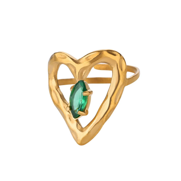 European and American Cross-Border Retro Personality Fashion Metal Imitation Emerald Inlaid Zircon Heart Geometric Ring for Women