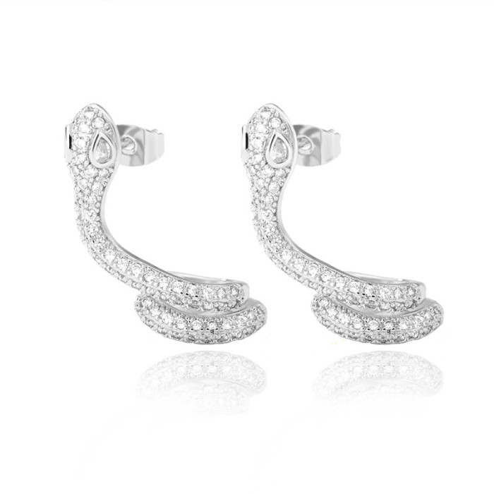 New Style Snake-Shaped Earrings Cartilage Clip Personality Animal Stud Earrings with Rhinestones Exaggerated Snake-Shaped Stud Earrings Wholesale