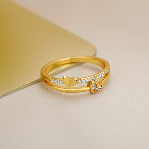 Minimalist Gold Double Layer Small Heart Ring for Women Heart-shaped Ring Ins Style Micro Pave Zircon Ring Cross-border Jewelry