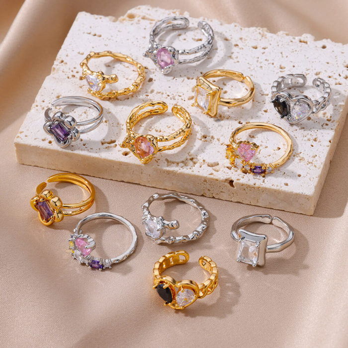 Ins Style New Ring Fashion Personality Heart-shaped Ring Light Luxury Jewelry Square Colorful Zircon Open Ring