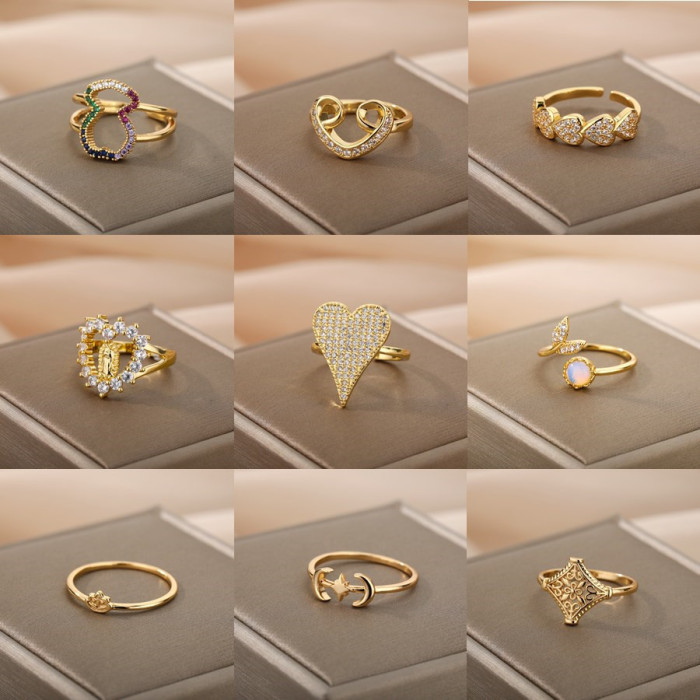 Cross-Border New Geometric Heart-Shaped Zircon Open Ring for Women, Niche Design Index Finger Ring, Internet Celebrity Light Luxury Fashion Jewelry