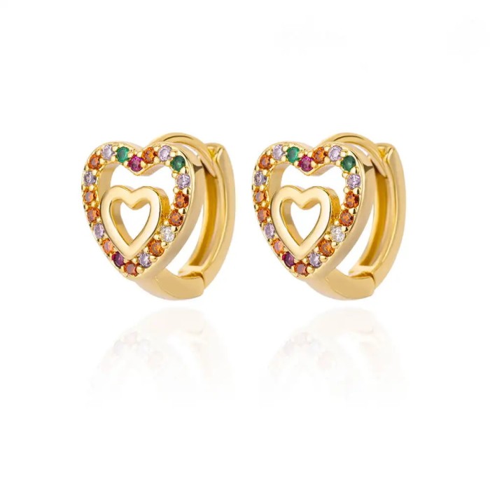 Cross-Border European and American Heart-Shaped Hollow Earrings Copper Inlaid with Colorful Zircon Gold-Edged Button Style Women's Earrings Manufacturer Wholesale
